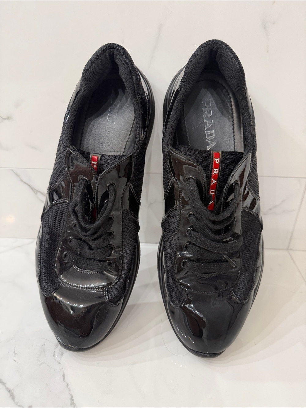 Prada America's Cup Sneakers Triple Black Patent Leather Mesh Size UK 12 / US 13